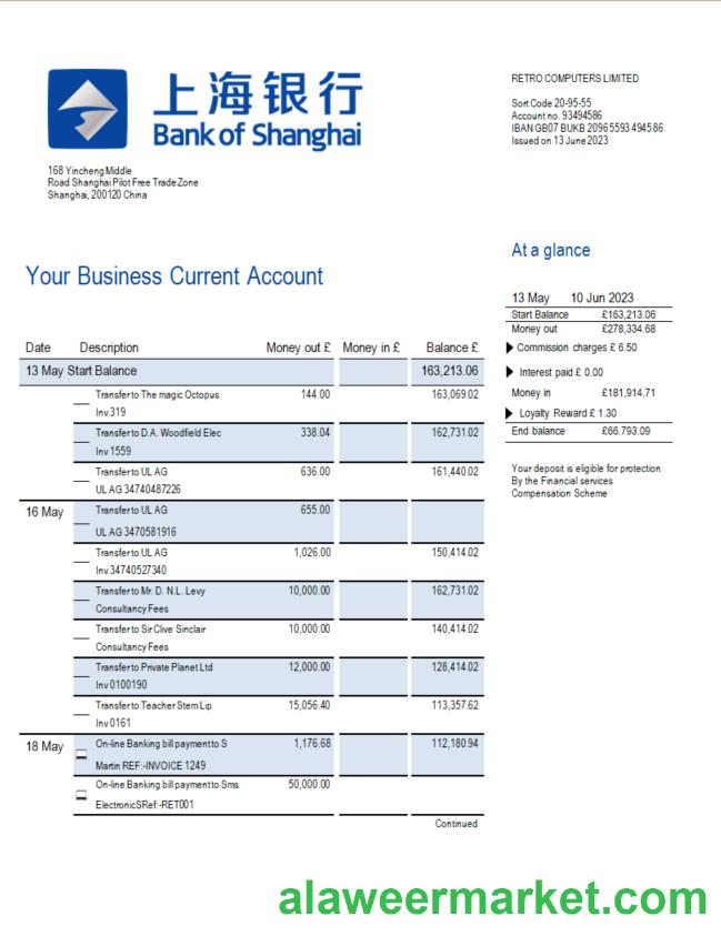 Bank of Shanghai firm account statement Word and PDF template